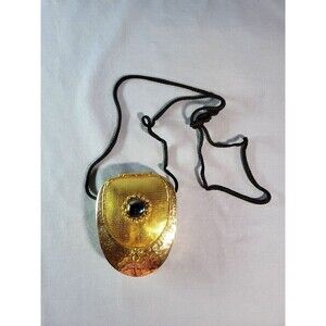 Brass Clutch Purse Vintage Hand Hammered Gold Signature Stone Black Rope Strap